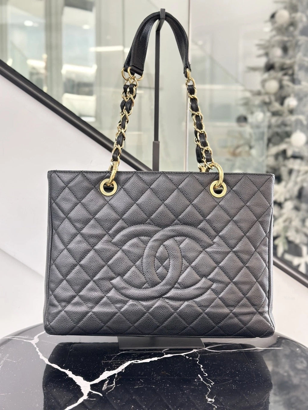 Chanel Grand Shopping Tote MM Calfskin Chain Shoulder Bag Black Women S