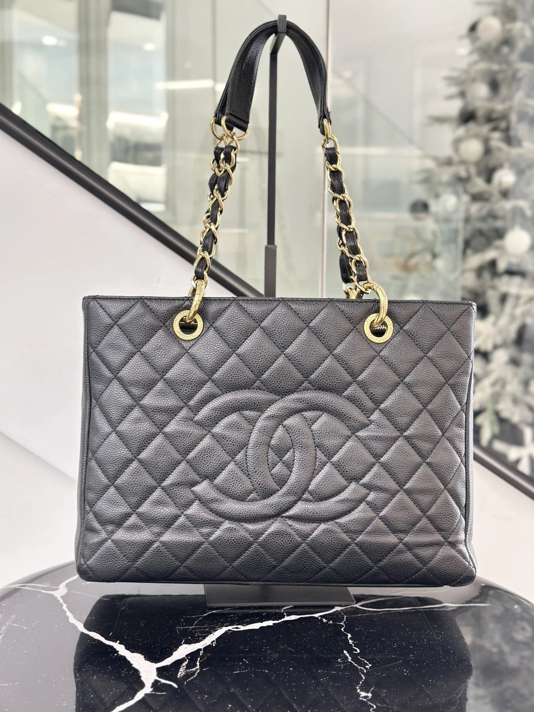 Chanel Grand Shopping Tote MM Calfskin Chain Shoulder Bag Black Women S