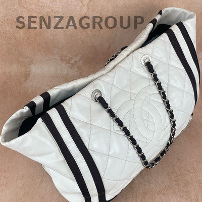 Chanel Black White Lambskin Tote Chain Shoulder Bag Women's Quilted