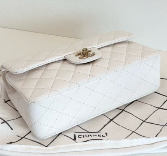 Chanel Classic Flap MM Calfskin Chain Shoulder Bag White Gold Women Fashion