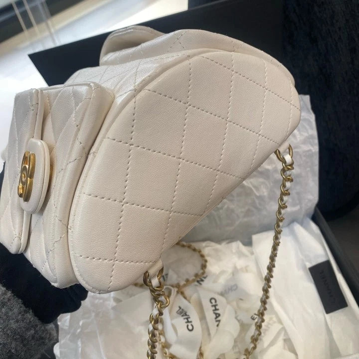 Chanel Diamond Lambskin Chain Drawstring Backpack White Gold Women Classic D