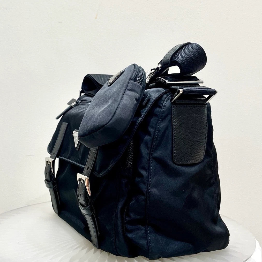 Prada Nylon Message Bag Shoulder Crossbody Bag Black Silver Hardware Unisex