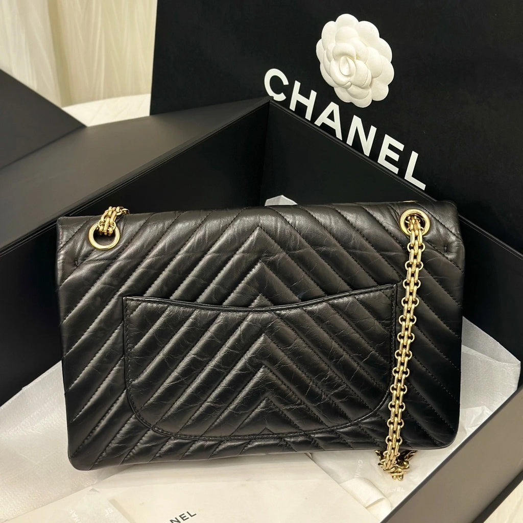 CHANEL Black Gold Waxed Calfskin 2.55 Medium Chain Shoulder Bag Women