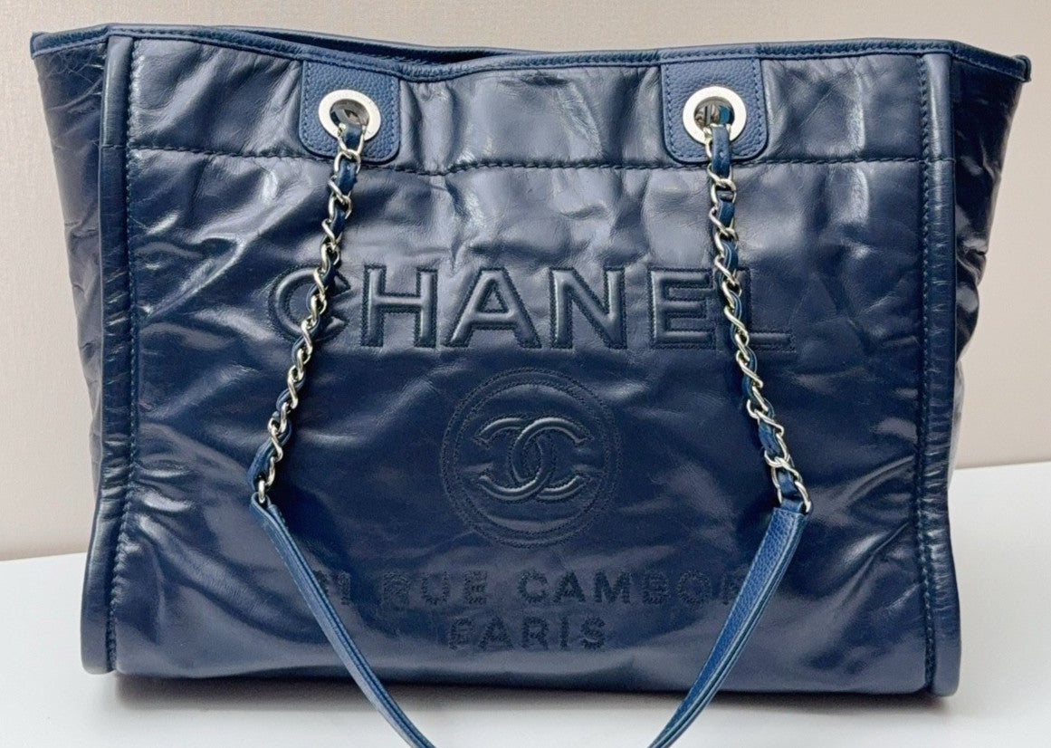 Chanel Cambon Calfskin Chain Shoulder Bag Blue Silver Used Women Classic