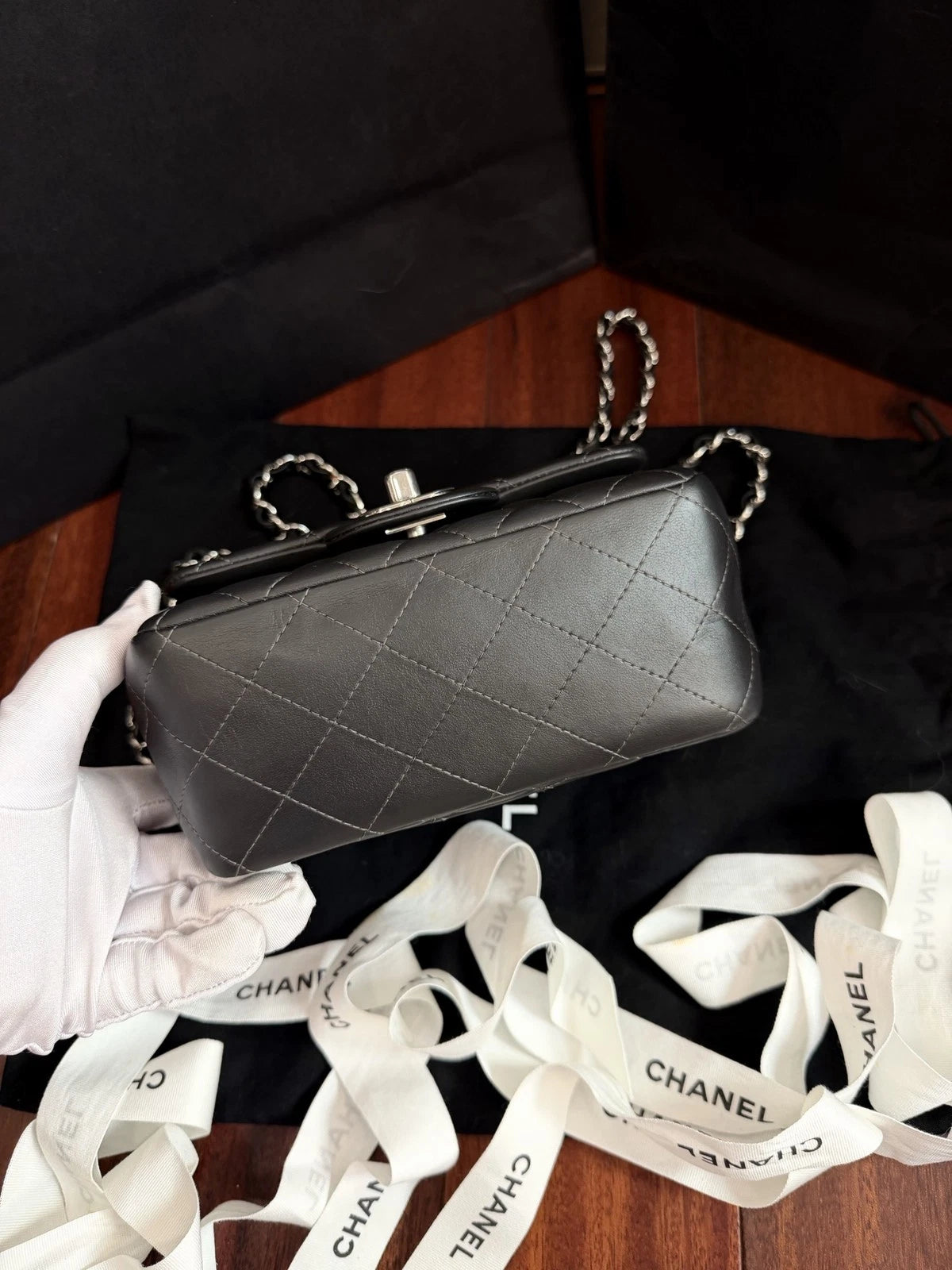 CHANEL Classic Flap Mini Square Crossbody Bag Women's Metallic Grey Quilted