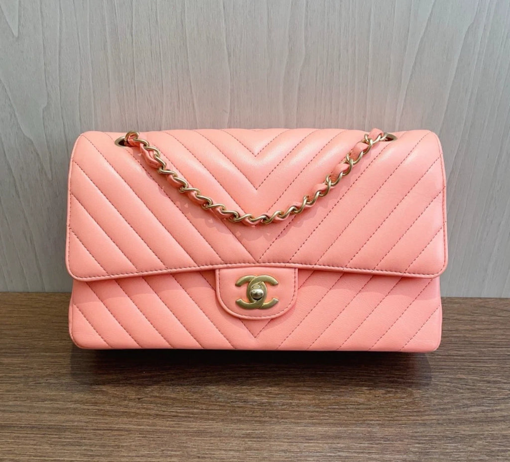 Chanel Classic Flap Calfskin Turn Lock Pink Chain Bag Shoulder Bag Women Classic