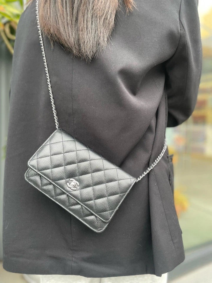 CHANEL WOC Black Silver Grained Leather Shoulder Bag For Women