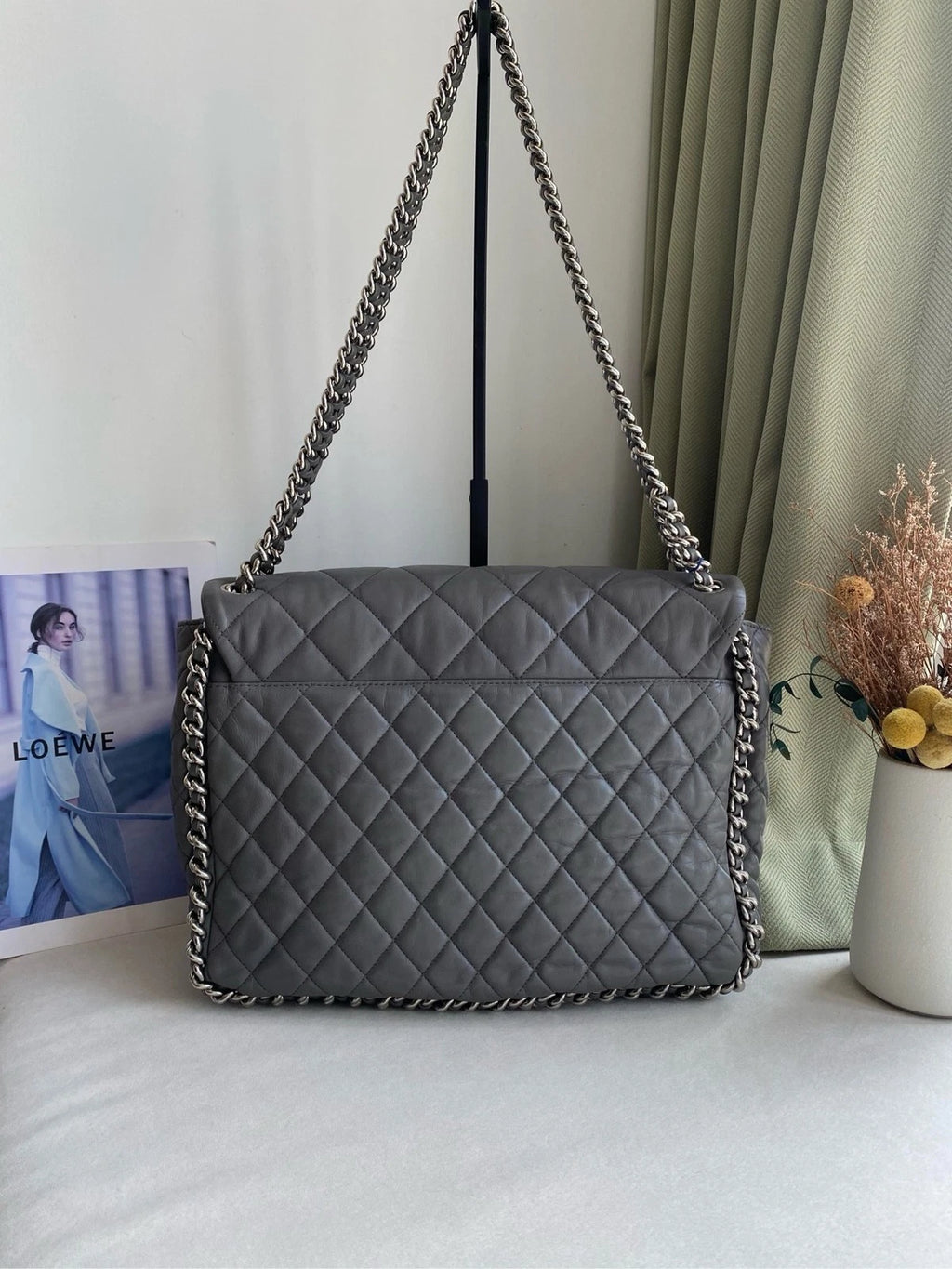 CHANEL Gray Silver Trim Chain Airport Tote Bag For Women