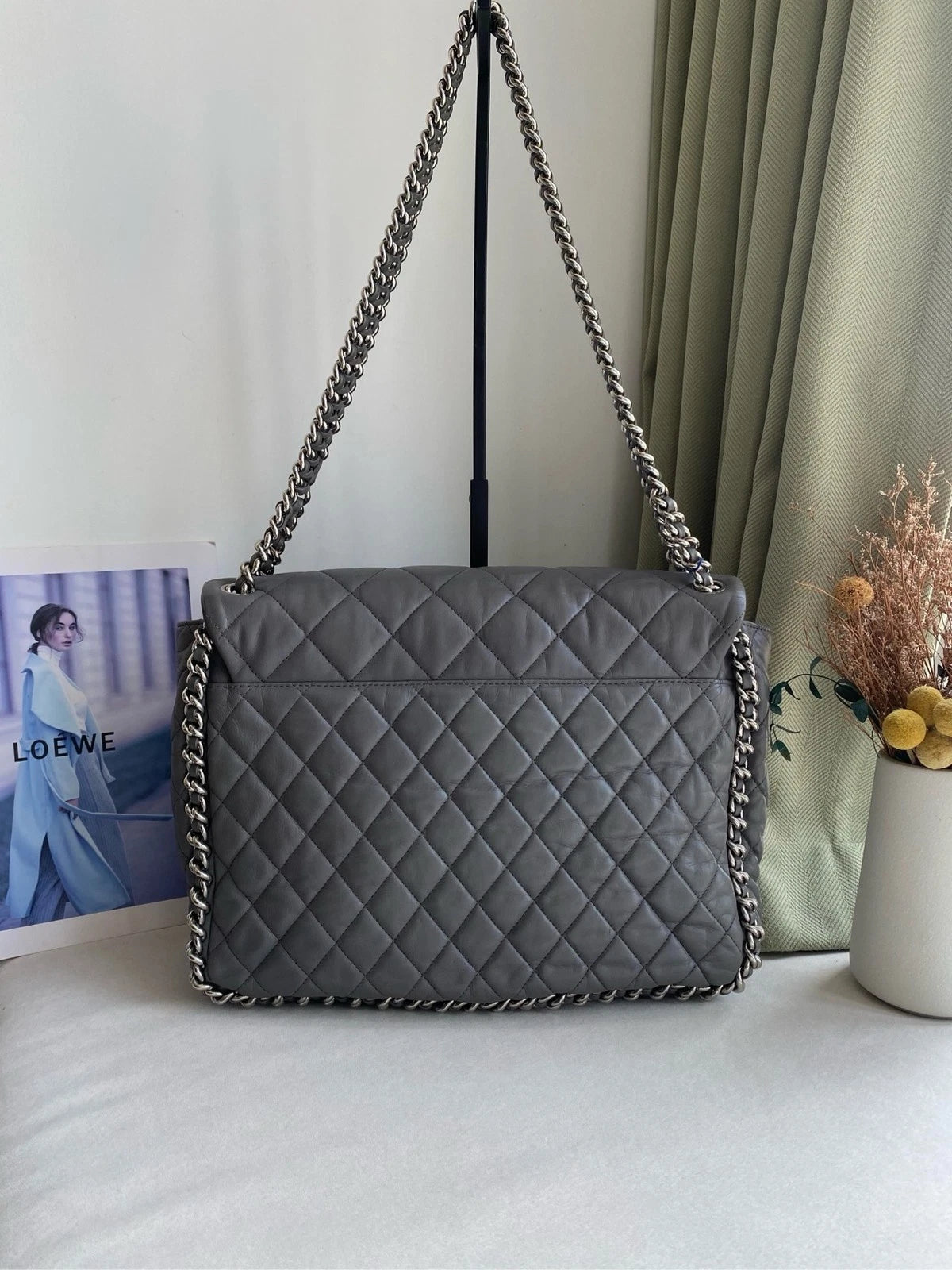 CHANEL Gray Silver Trim Chain Airport Tote Bag For Women