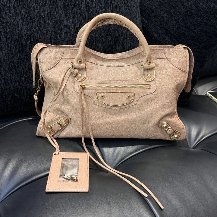 Balenciaga City MM Vintage Tassel Tote Top Handle Shoulder Bag Beige Women D