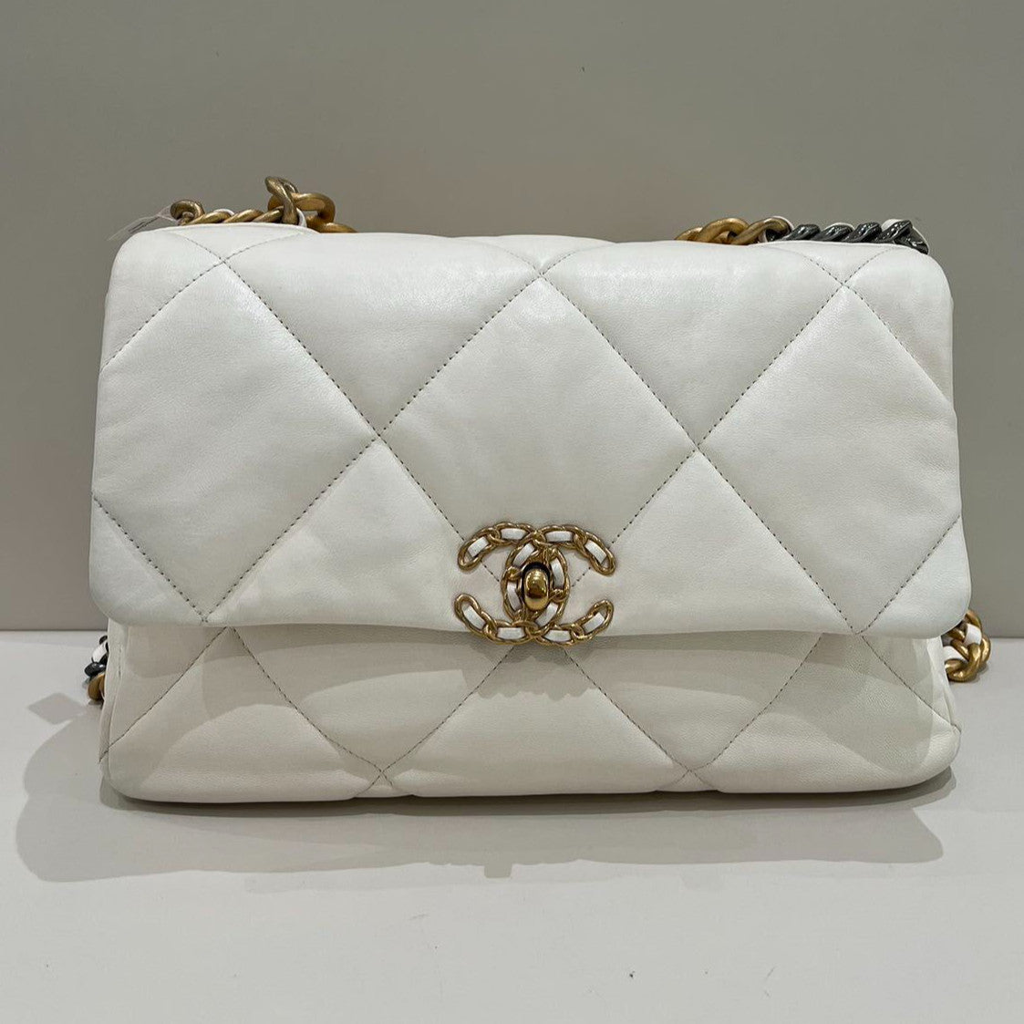 Chanel 19 Medium Quilted Bag White Gold Chain Shoulder Crossbody