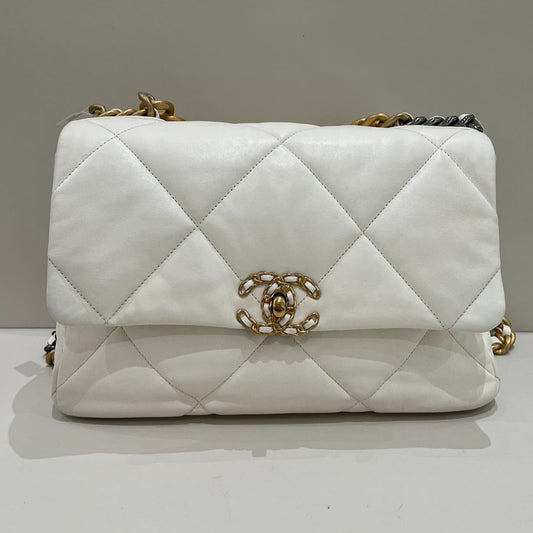 Chanel 19 Medium Quilted Bag White Gold Chain Shoulder Crossbody