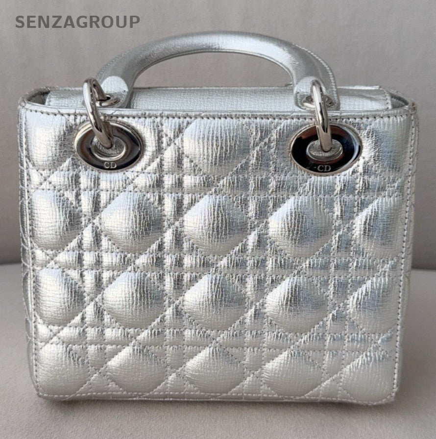 Christian Dior Lady Dior 2Way Top Handle Bag Silver Used Women Designer