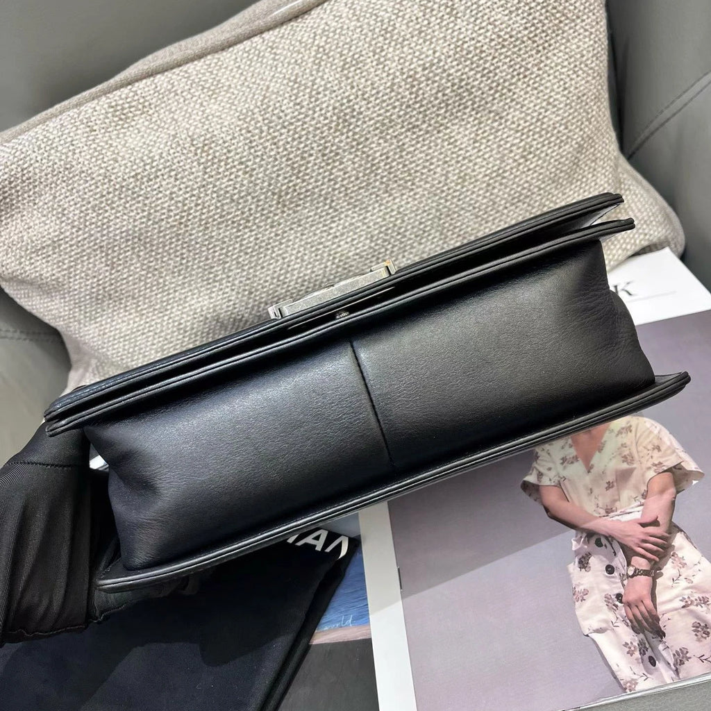 Chanel Leboy MM Calfskin Chain Shoulder Crossbody Black Silver Women Classic