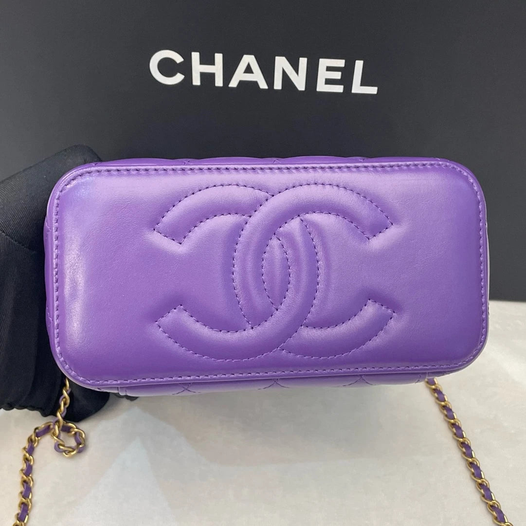 Chip Version Chanel Long Box Diamond Gold Ball Chain Purple Crossbody