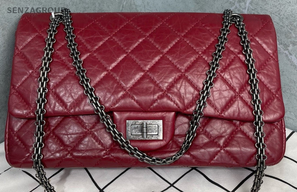 Chanel Classic Flap GM Calfskin Chain Shoulder Bag Red Silver Used Women Vintage