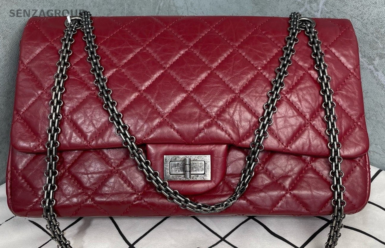 Chanel Classic Flap GM Calfskin Chain Shoulder Bag Red Silver Used Women Vintage