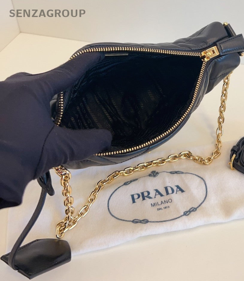 PRADA Puff Diamond pattern All Leather Chain 2way Shoulder Handbag Women black