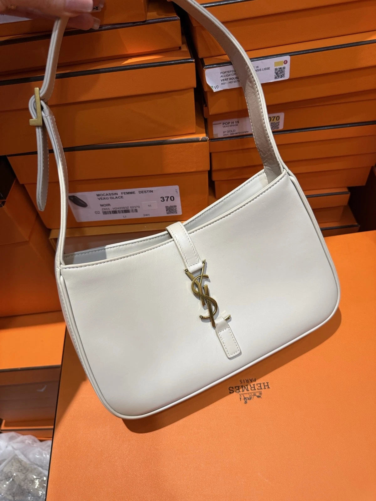 Saint Laurent Hobo MM Shoulder Bag White Gold Hardware Women Classic