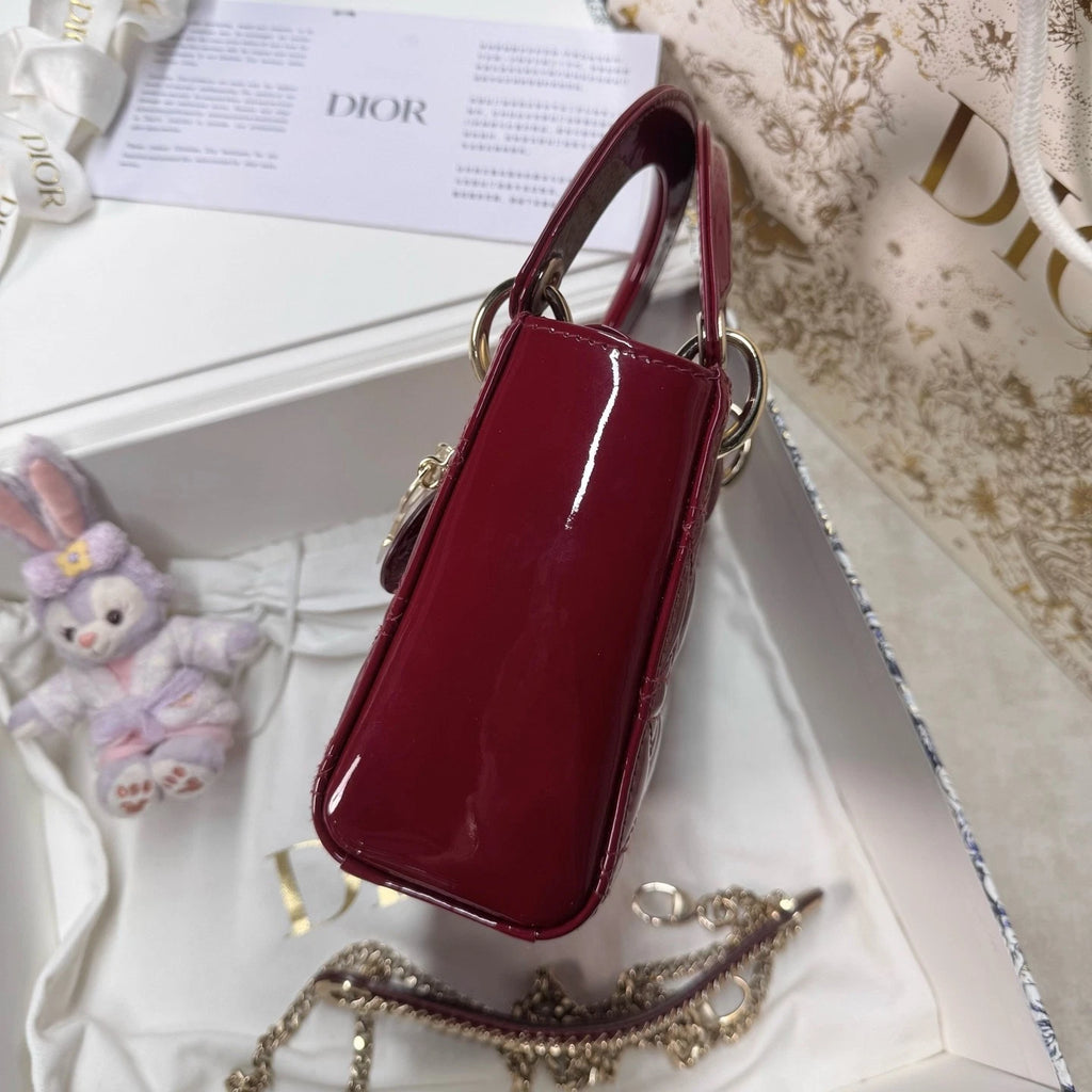 New Dior Red Patent Leather 3-Grid Lady Dior Handbag For Women