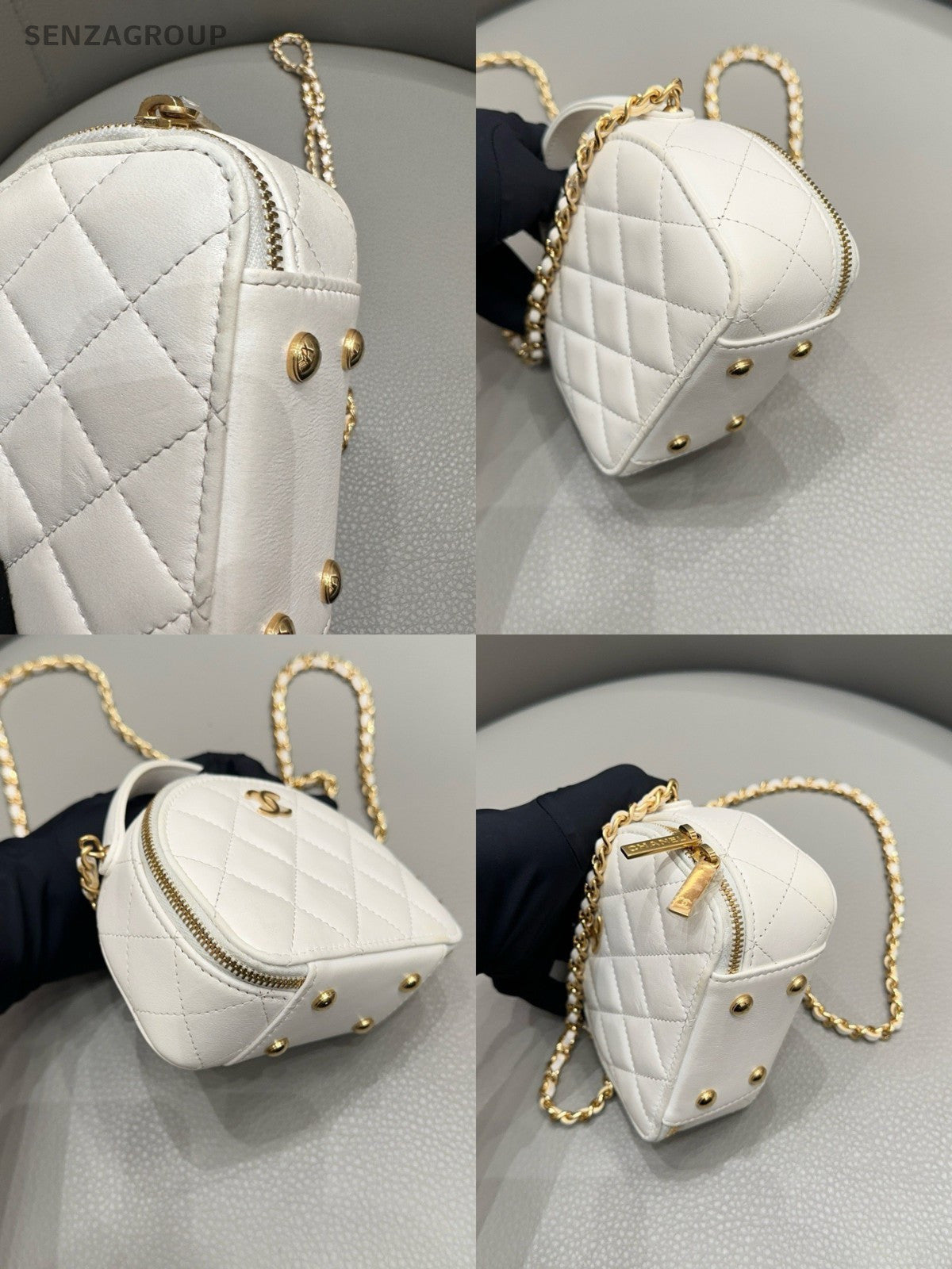 CHANEL Mini Diamond Pattern Bowling Chain Shoulder bag Crossbody White Gold