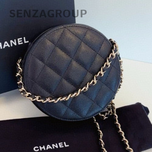 Chanel Calfskin Chain Round Bag Crossbody Diamond Black Gold Women Classic