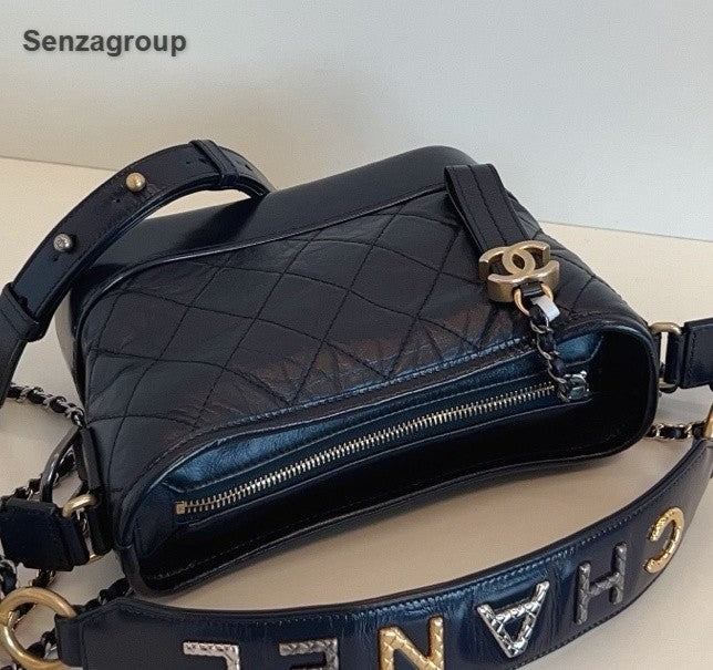 Chanel Gabrielle PM Top Handle Chain Shoulder Bag Crossbody Navy Gold Women