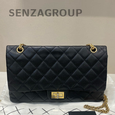 Chanel Large Caviar Leather Chain Shoulder Bag Black Gold Classic Quilted