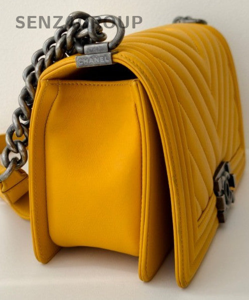 Chanel Leboy MM Lambskin Chain Shoulder Bag Yellow Silver Used Women Classic