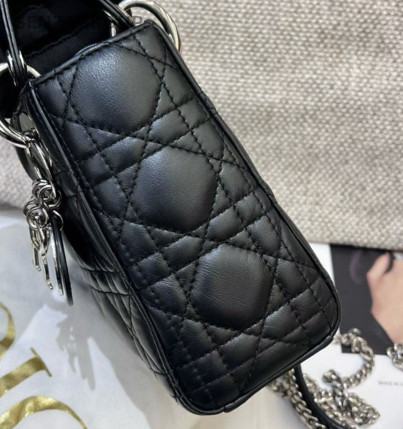 Christian Dior Lady Dior Chain Top Handle Bag Crossbody Black Red Silver Women