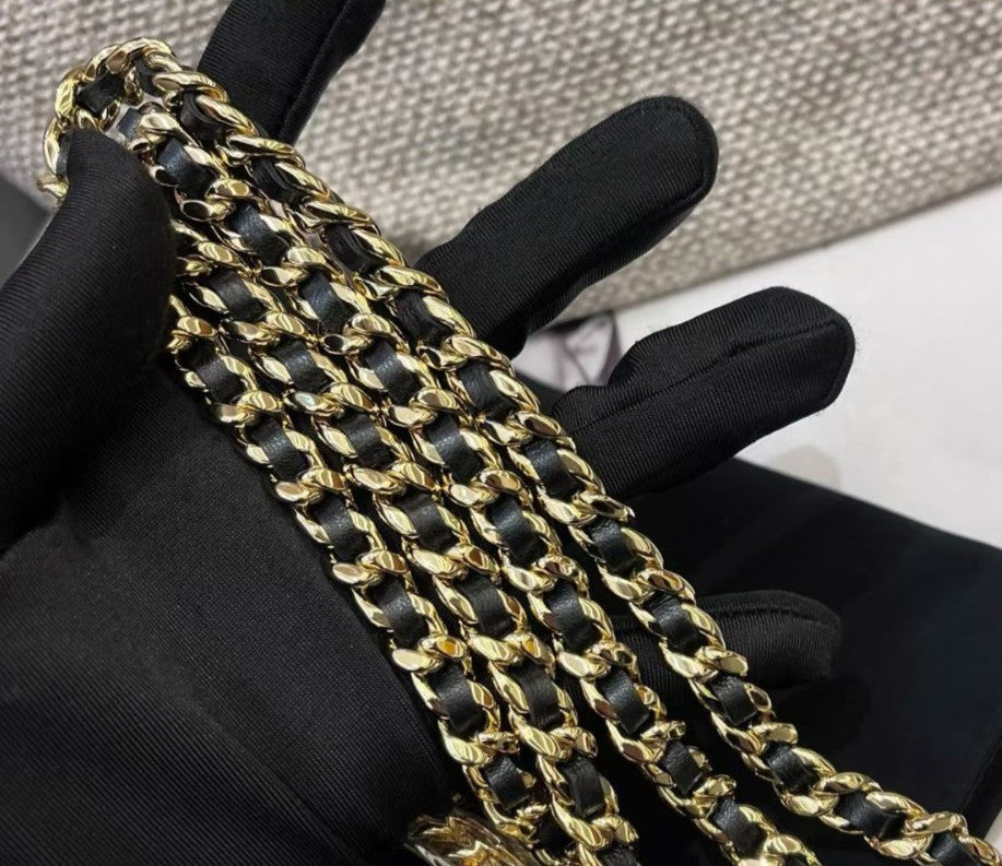 Chanel Diamond Lambskin WOC Chain Top Handle Bag Crossbody Black Gold Women