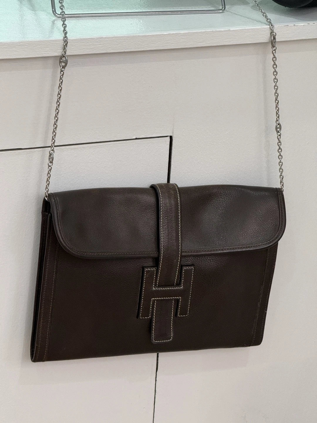 Authentic Vintage Hermes Jige29 Dark Brown Leather Clutch With H Flap