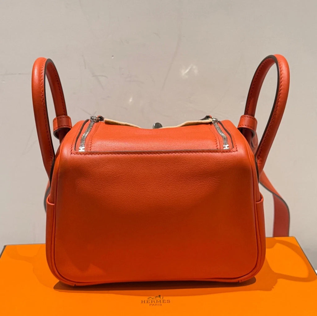 Hermes Lindy Mini Top Handle Shoulder Bag Orange Silver Women Classic Fashion