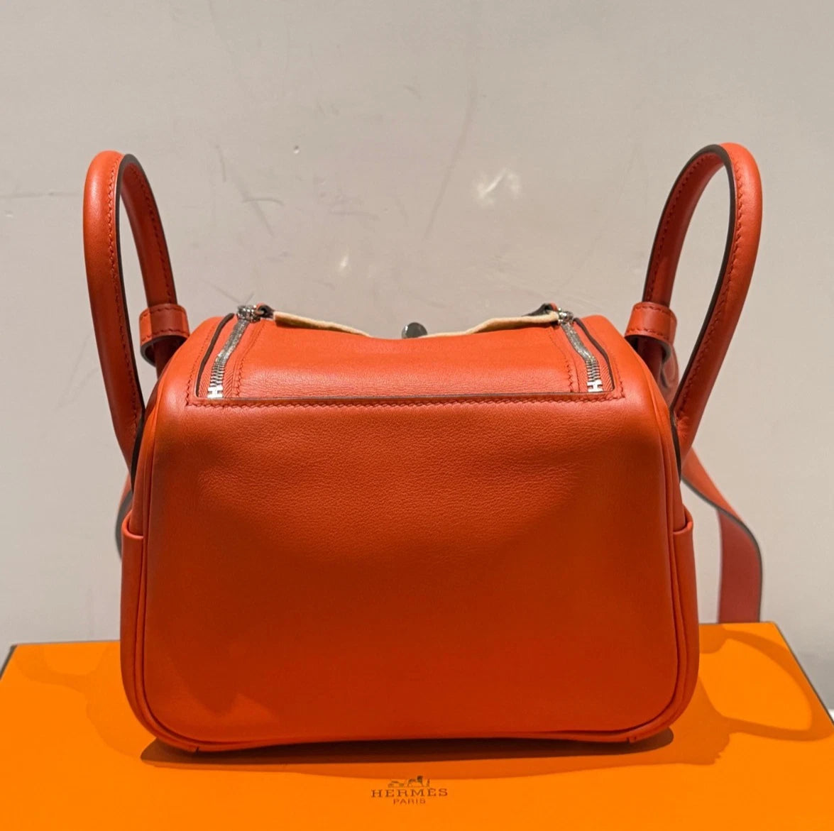 Hermes Lindy Mini Top Handle Shoulder Bag Orange Silver Women Classic Fashion
