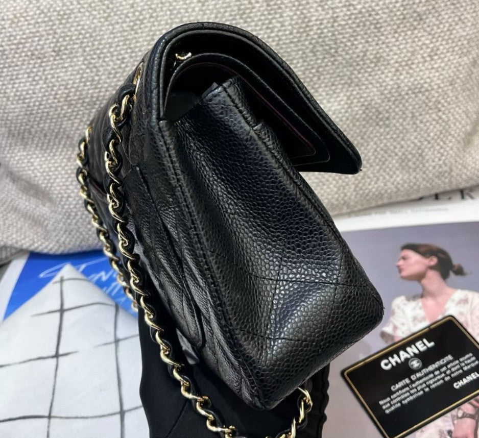 Chanel Classic Flap PM Chain Calfskin Shoulder Crossbody Black Gold Women