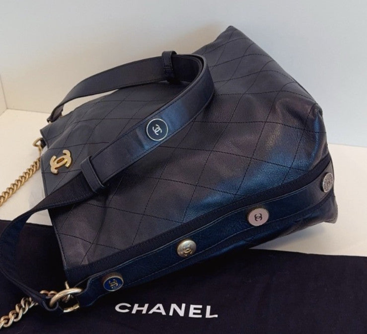 Chanel Hobo PM Chain Shoulder Bag Crossbody Black Gold Women Classic Diamond