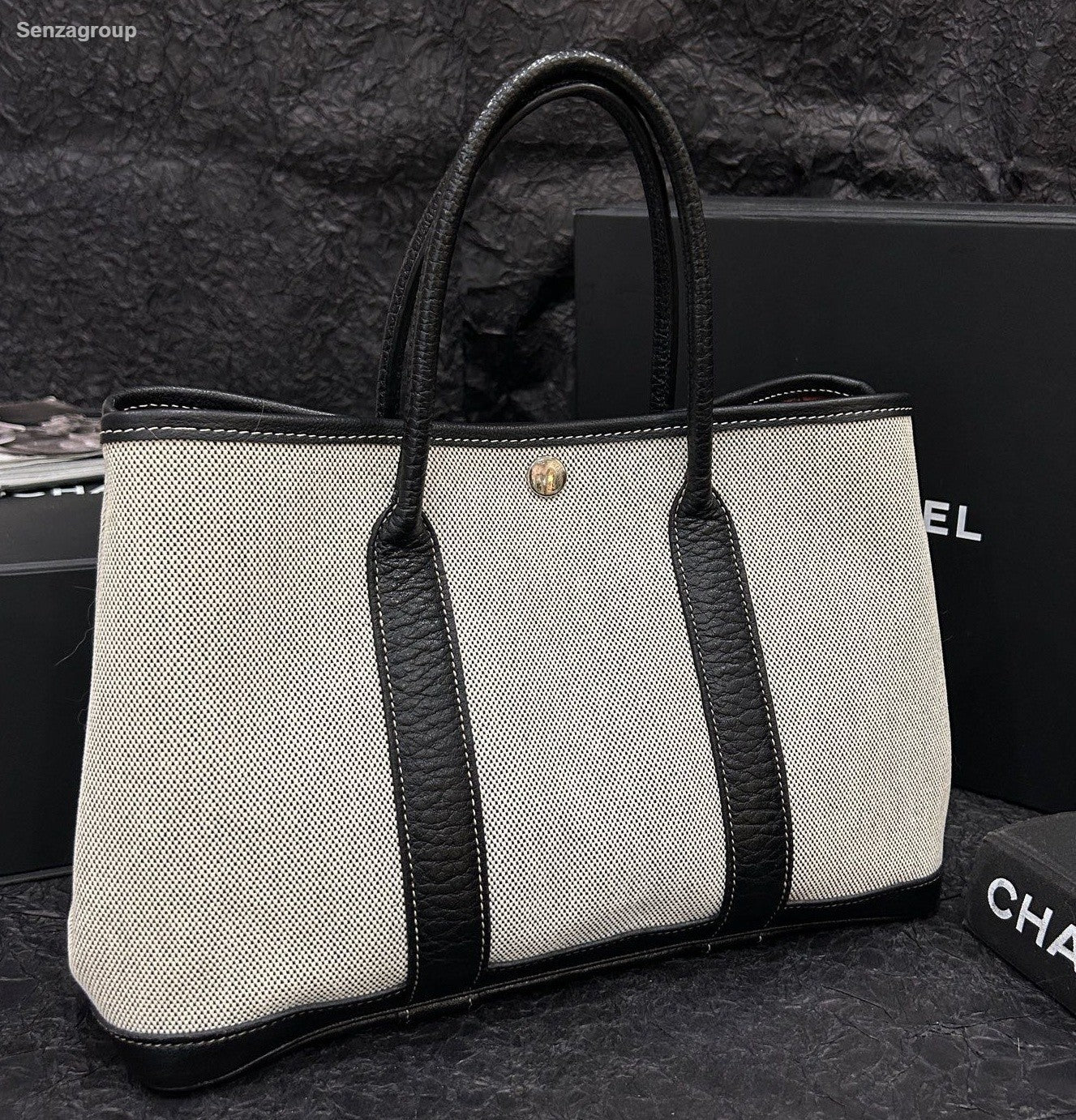 Hermes Garden Party30 Top Handle Bag White And Black Used Women Classic