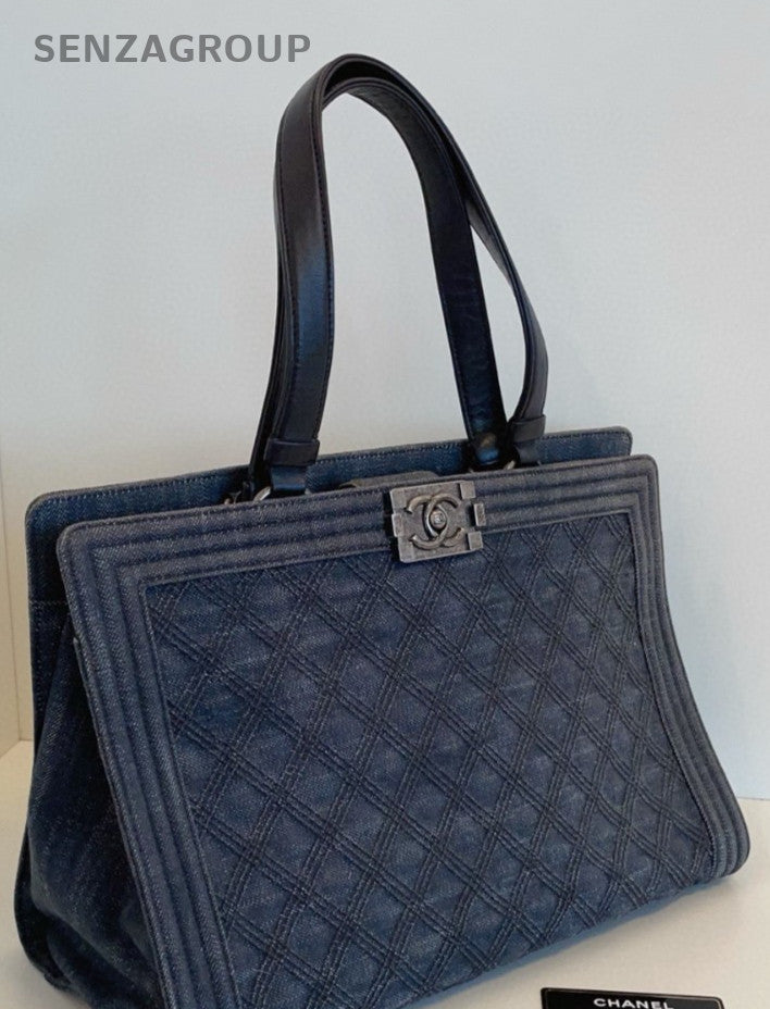 CHANEL Leboy Tote Leather Top Handle Shoulder Bag Women  Deep Blue