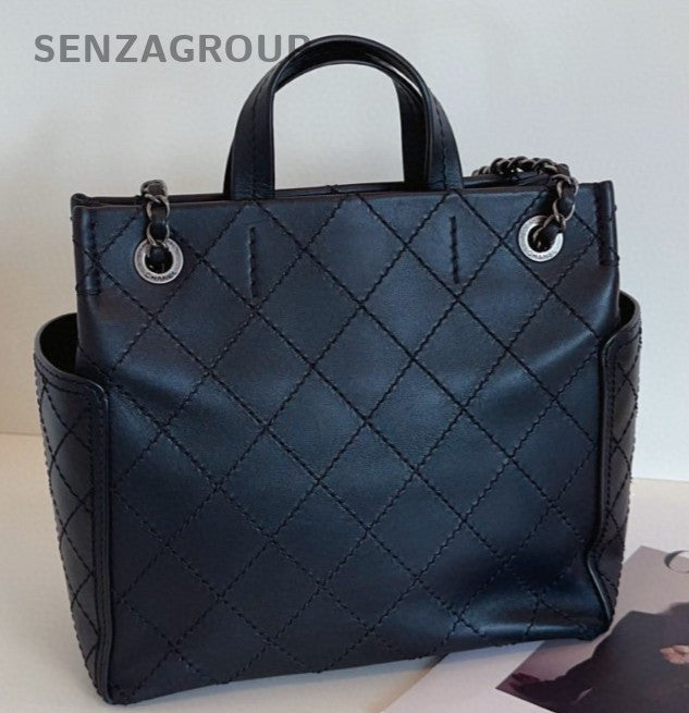 Chanel Diamond PM Tote Calfskin Top Handle Bag Chain Shoulder Bag Black Women