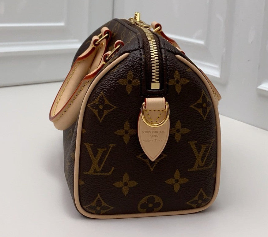 Louis Vuitton Speedy20 Monogram Top Handle Bag Crossbody Brown Gold Used Women