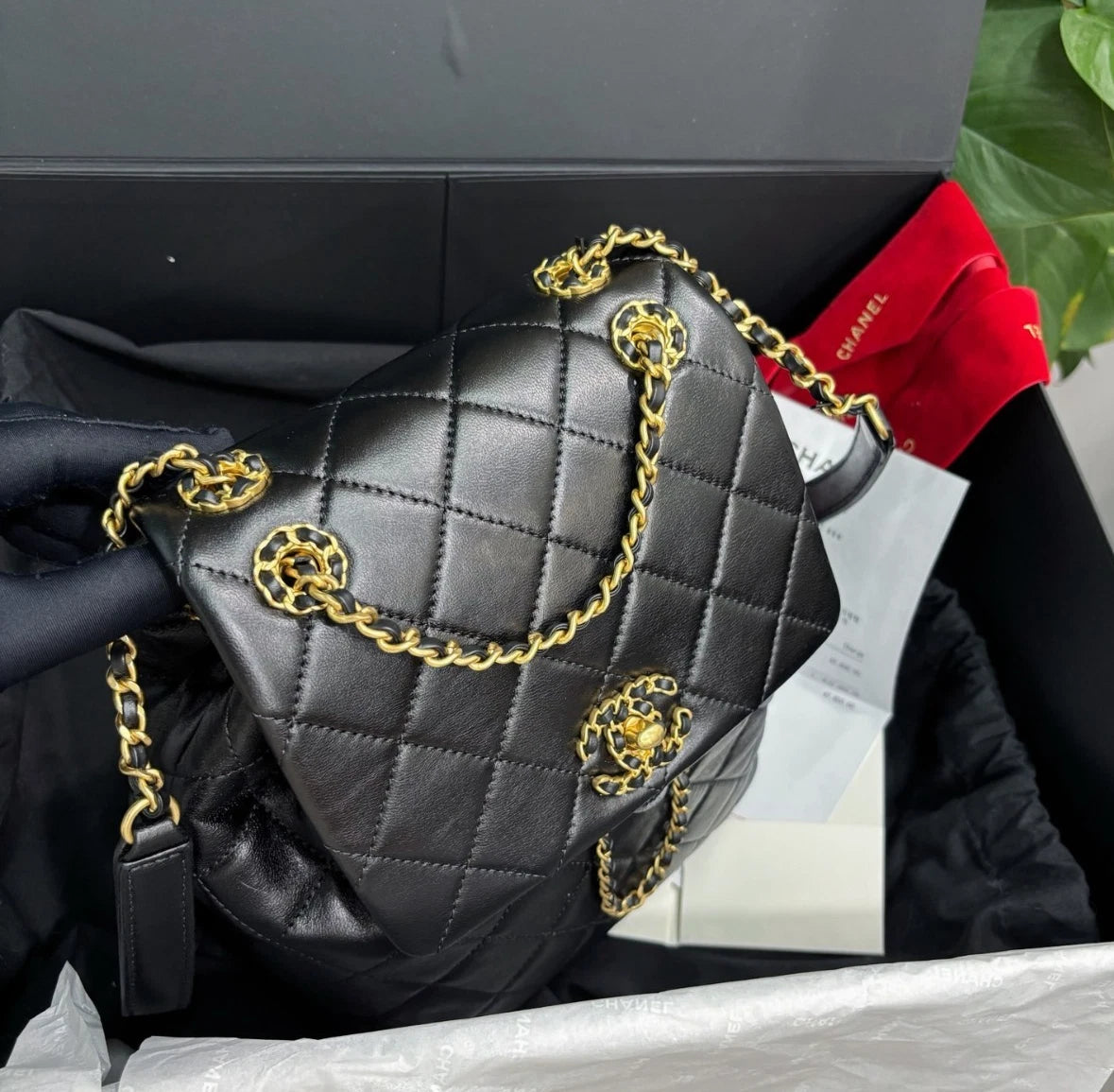 Chanel Lambskin Diamond Chain BackpackGold Hardware Black Women Fashion