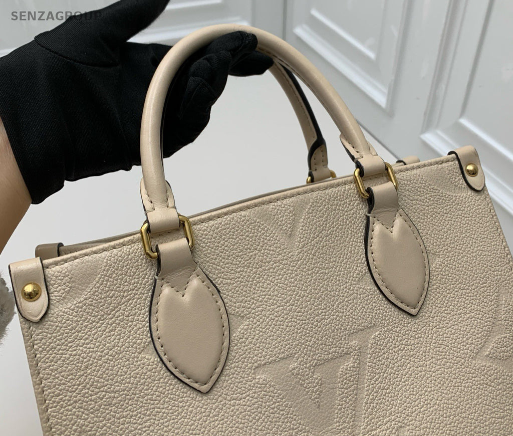 Louis Vuitton OnTheGo Tote Calfskin Top Handle Bag Crossbody White Gold Women