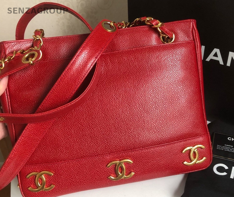 CHANEL Red Gold caviar single-shoulder bag eight logos Women