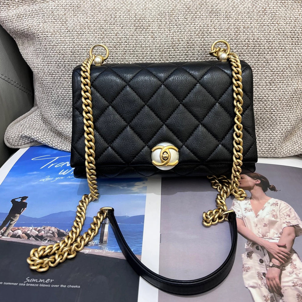 Chanel Pearl CC Flap Bag Chain Shoulder Crossbody Black Gold Women Classic