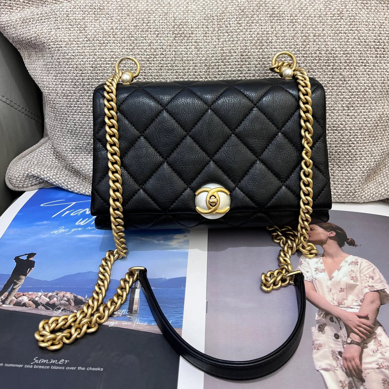 Chanel Pearl CC Flap Bag Chain Shoulder Crossbody Black Gold Women Classic