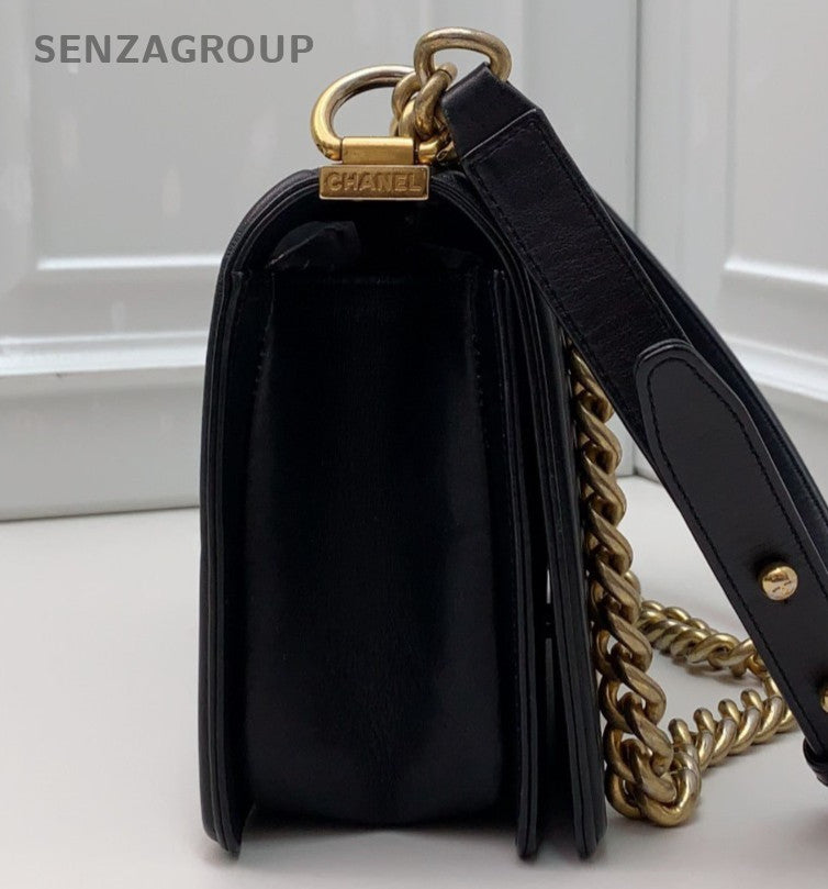 Chanel Leboy Chain Calfskin Shoulder Bag Black Gold Women Classic Diamond