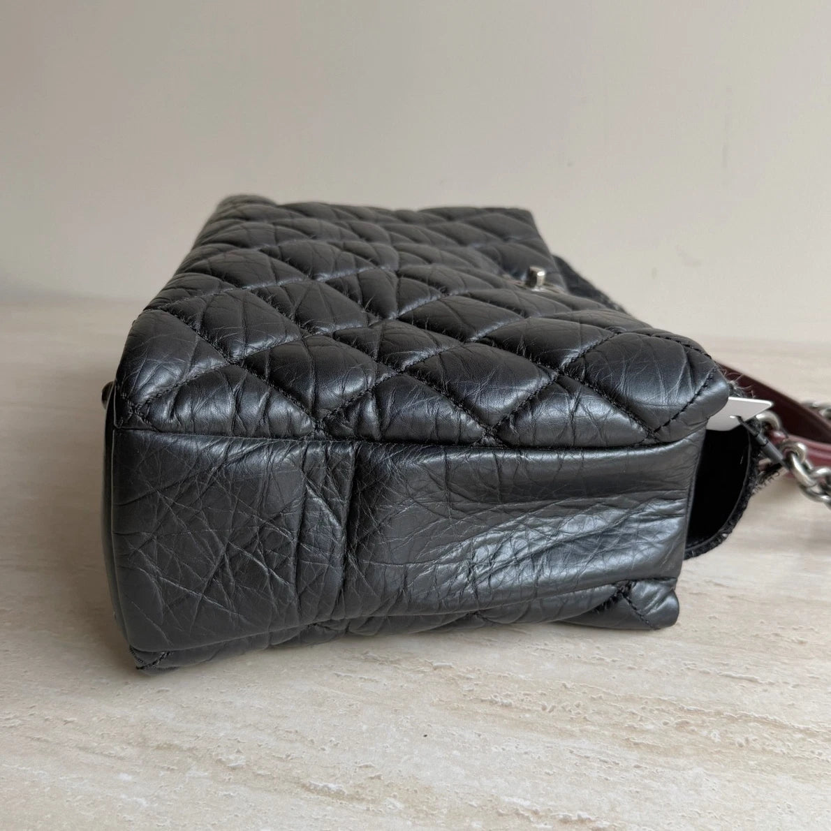 Chanel Diamond Black Leather Tote Handbag Silver Hardware Chain Shoulder Bag