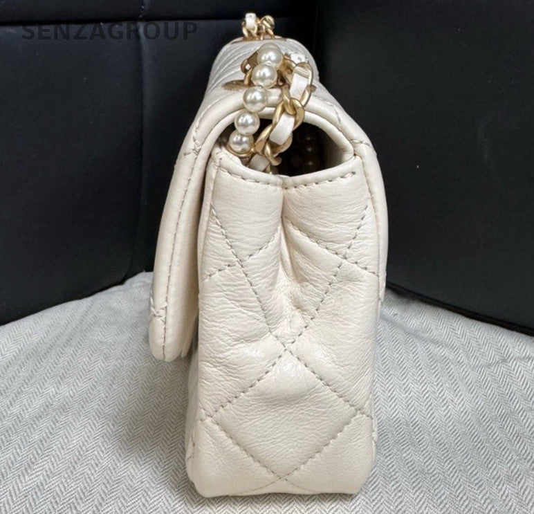 Chanel Classic Flap Mini Calfskin Pearl Chain Shoulder Bag White Gold Women