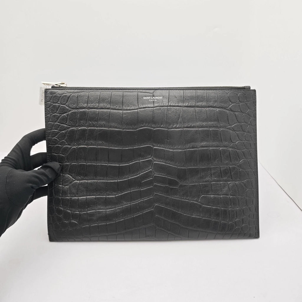 YSL Black Crocodile Embossed Leather Clutch Bag For Women