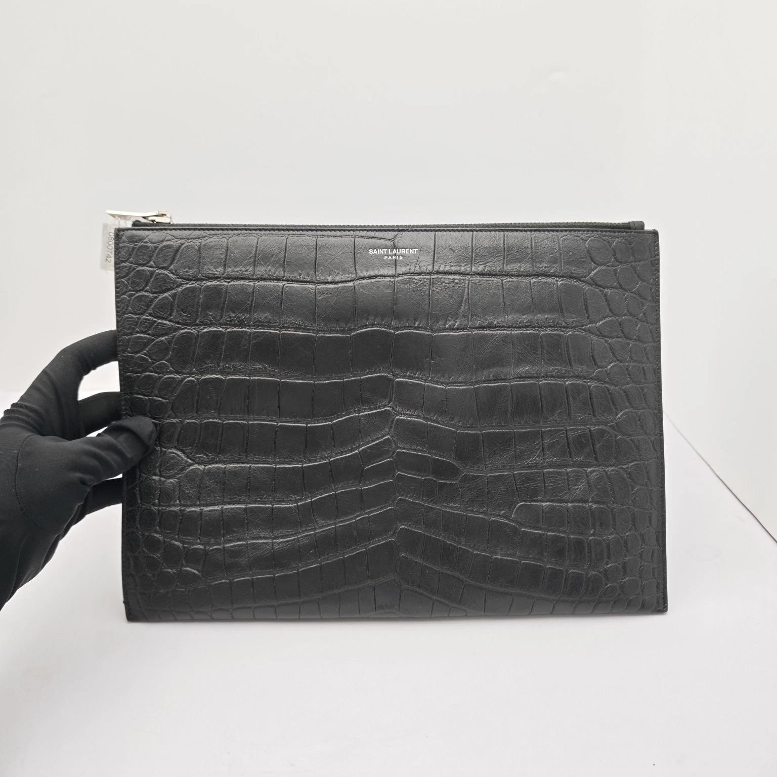 YSL Black Crocodile Embossed Leather Clutch Bag For Women